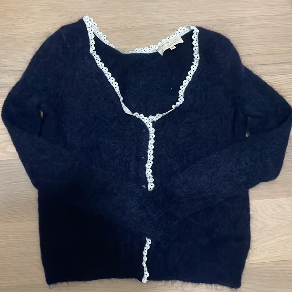 Sezane Navy and White Lace long Sleeve Sweater - Picture 2 of 8